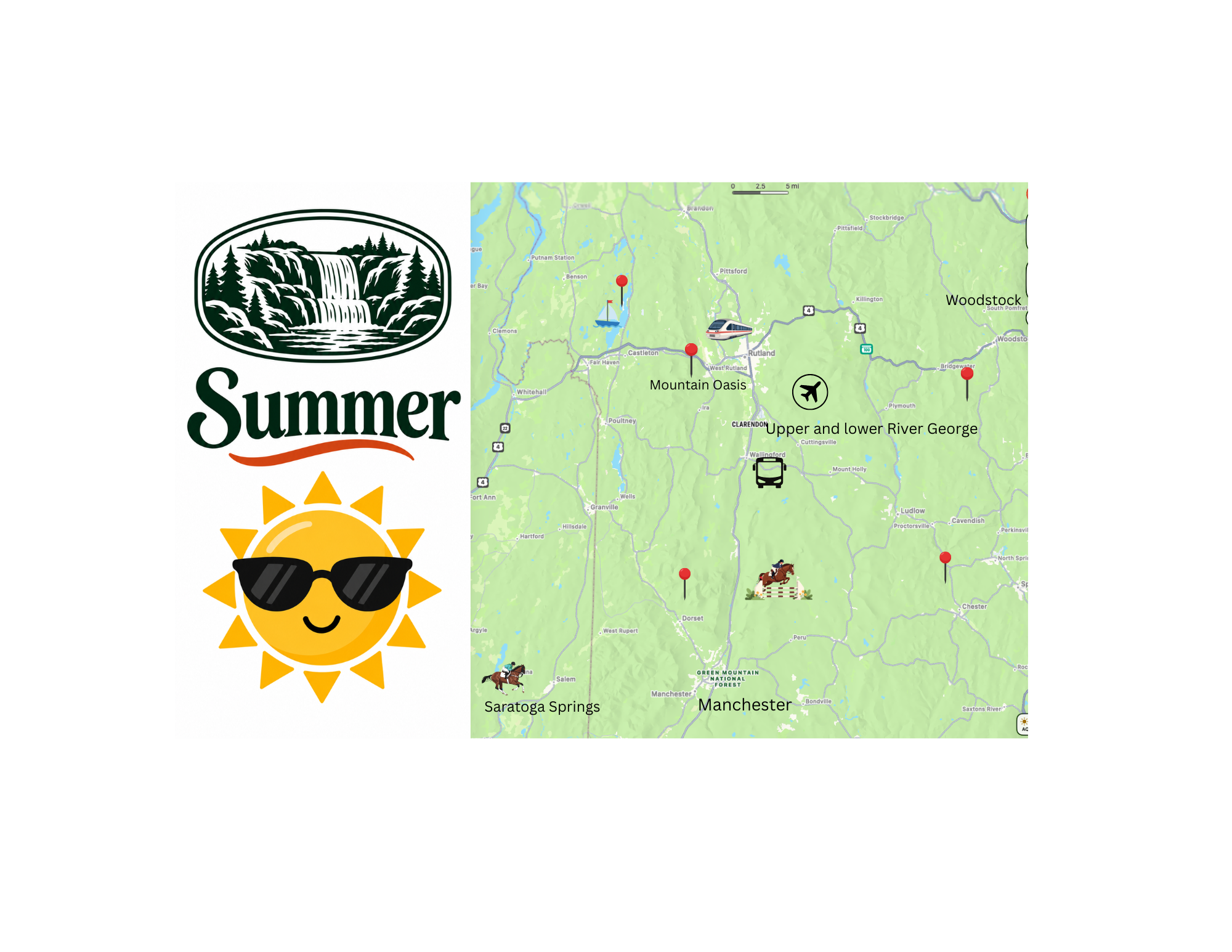 Summer area guide for Mountain Oasis and the surrounding Vermont region. Illustrated overview, not for navigation.