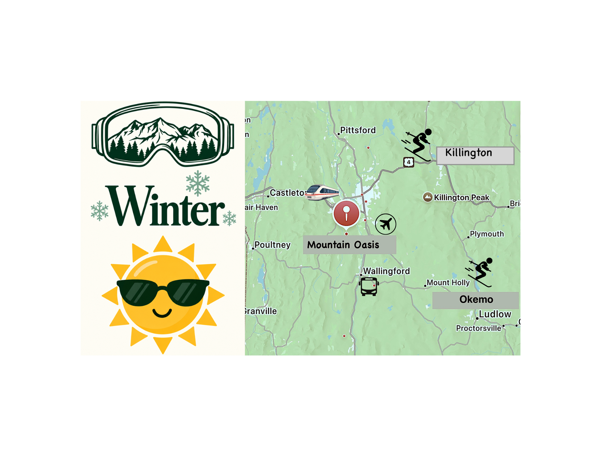 Winter area guide for Mountain Oasis and the surrounding Vermont region. Illustrated overview, not for navigation.